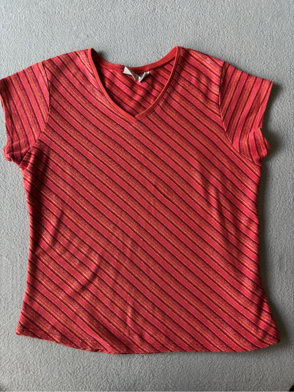 Faded Glory Red & Pink Diagonal Stripe V-Neck Tee